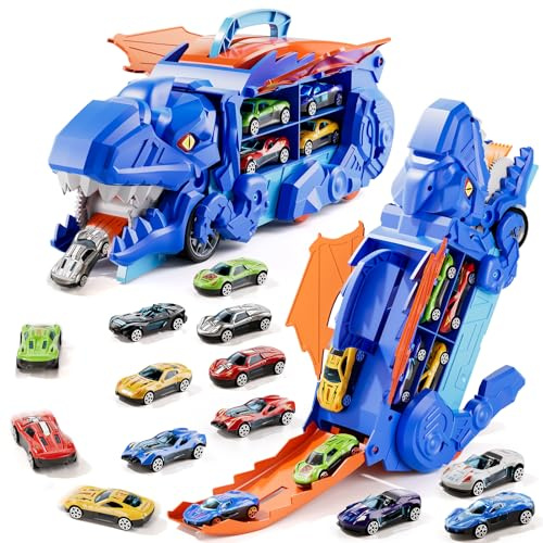 Dinosaur Toys for 3 4 5 6 Years Old Boys, Carrier Transporter Truck Toys, Foldable Race Track with 10 Die-Cast Cars, Transforms into Dino, Toddler Car Christmas Birthday Gifts for Kids Age 3-6 (Blue)
