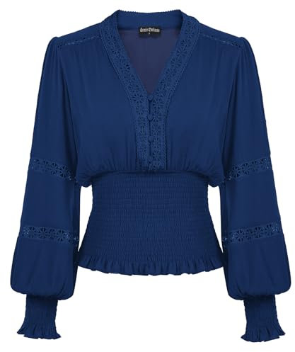 SCARLET DARKNESS Women Plus Size Peasant Vintage Tops Renaissance Long Sleeve Lace V Neck Retro Medieval Blouse for Cosplay Dark Blue XL