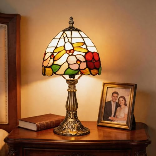 Plynvexa Tiffany Lamp Handmade Stained Glass Lamp with Dragonfly Flower Design Ideal for Bedroom Living Room Study Light