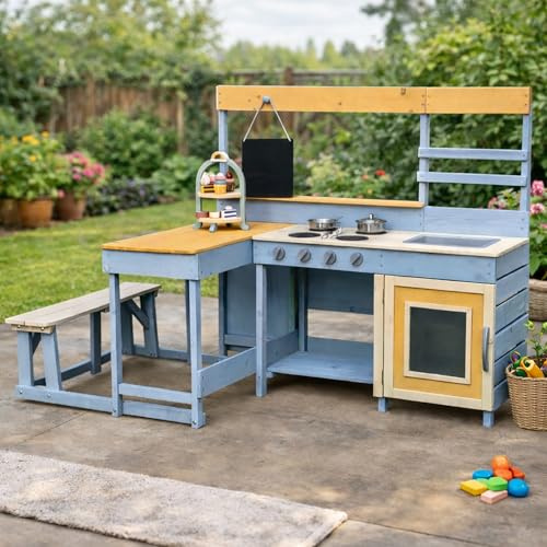 Kiddo Bramble Wooden Mud Kitchen Outdoor Corner Cooking Playset with Breakfast Bench, Blue, Includes Accessories, Ages 12 Months+