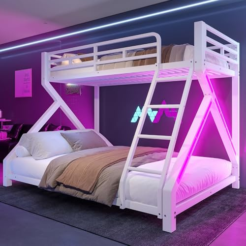 NovaFurnish 90 x 200 cm, 140 x 200 cm Etagenbett, Eisenrahmen, Kinderbett, mit LED-Lichtleiste, Sicherheitsgeländer, Leiter, ohne Matratze, Weiß