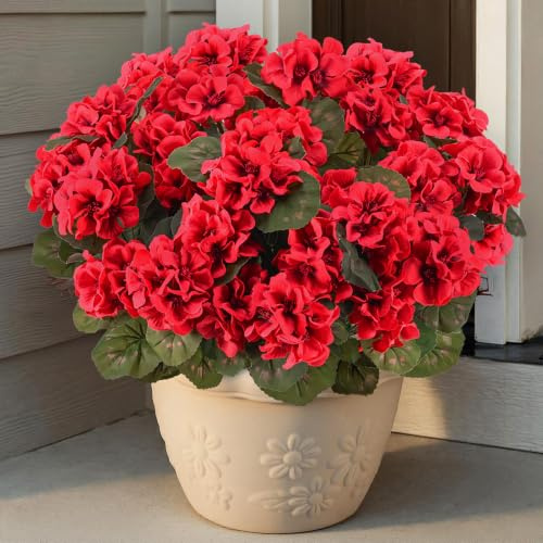 PABREY 6 Pcs Artificial Geranium Flowers, Outdoor UV Resistant Fake Red Flowers for Planter Front Porch Yard Patio Window Box Garden Home Decor (6, Red)