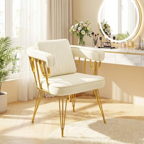 Hellove Schminktisch Stuhl Samt mit Kissen, Modern Polsterstuhl mit Armlehne, Eleganter Schminkstuhl Golden Metall Beinen, Relaxsessel Clubsessel Französisch Bequem für Wohnzimmer, Bis150kg Beige