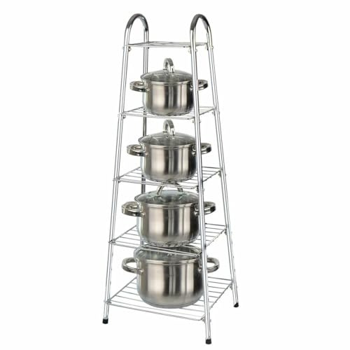 5 Tier Kitchen Pan Stand, Chrome, Stainless Steel, Free Standing, Modern, 90cm Height, Pot Rack Storage Organiser