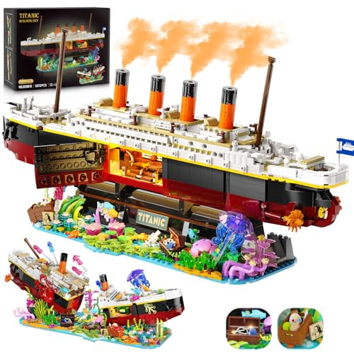 INSOON 2 in 1 Titanic Schiff Spielzeug Klemmbausteine für Erwachsene, 1872 Stück Mini Unterwasserwelt Titanic Baukasten Modell mit Licht, Schiff Bauspielzeug Home Deko Geschenk für Jungen Mädchen 12+