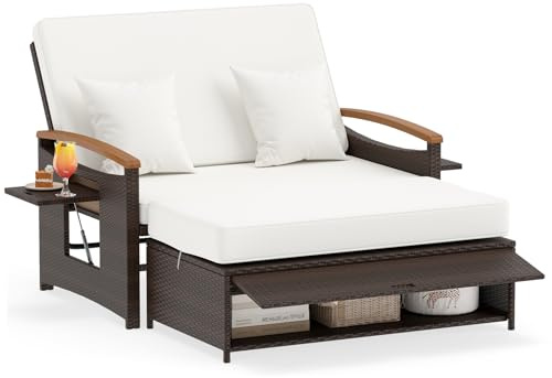 COSTWAY Polyrattan Sonnenliege, Gartenliege mit Verstellbarer Rückenlehne | Doppelliege 2 Personen mit Kissen & Seitenablagen, Balkonmöbel Kleiner Balkon, Gartensofa mit Liegefunktion, Loungebett