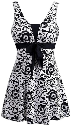 Wantdo Femme Maillots de Bain Une Pièce Robe pour Natation Sportif Impression Élasticité Imprimé Fleur Col en V Taille Plus Cache-Ventre Bretelles Larges Rembourré,Noir,EU46/ UK 18