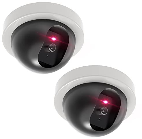 WALI Dummy Camera, Dome Fake Security CCTV Camera with Flashing Red LED Light, Simulated Surveillance Cameras with Security Alert Sticker Decals (SDW-2), 2 Packs, White