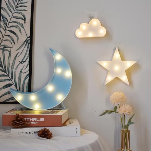 GUOCHENG Moon Star Cloud Night Light Set Battery Operated LED Marquee Sign Decorative Night Table Lamps for Baby Children Bedroom Nursery