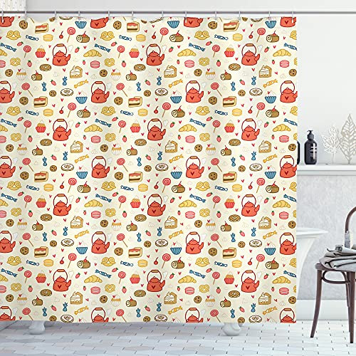 ABAKUHAUS Tee-Party Duschvorhang, Teekanne Kuchen Treat Süßigkeiten, Stoffliches Gewebe Badezimmerdekorationsset mit Haken, 175 x 180 cm, Eierschalenfarben Dunkle Koralle