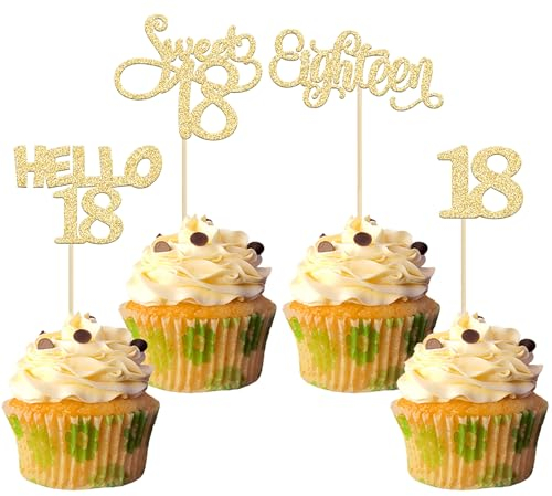 Gyufise 24Pcs Gold Glitter 18th Birthday Cupcake Toppers Sweet 18 Hello 18 Eighteen Cupcake Picks for 18th Birthday Cake Decorations Supplies