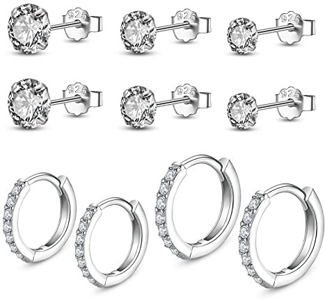 Yorgewd 5 Paires Boucles en Argent Sterling 925 Ensemble pour Femme 8.5mm/10.5mm, 925 Zircon Cubique Clous D'oreilles Hypoallergénique Boucles(3 mm/4 mm/5 mm)
