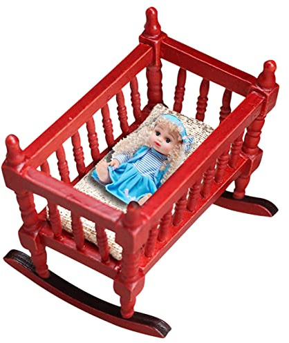 2 Puppenbett, Mahagonifarbenes Puppenbett mit Kissen - Miniatur-Dekoration, Krippe, Spielzeug, dekorative Puppenmöbel, Puppenhaus-Zubehör, Ornament für Kinder und Erwachsene