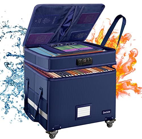 DocSafe Aktenbox mit Schloss, 2-lagige, feuerfeste Dokumentenbox mit Rollen, zusammenklappbarer Container mit Taschen, groß, tragbar, für Büro, Aktenschrank, zum Aufhängen von Ordnern, Blau, 40,6 x