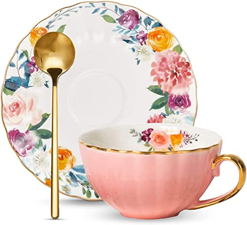 YBK Tech Porzellan-Tassen- und Untertassen-Set, Vintage-Cappuccinotassen mit goldenen Kanten, 193 ml Espressotassen, florales Design im Inneren der Tasse (Rosa)