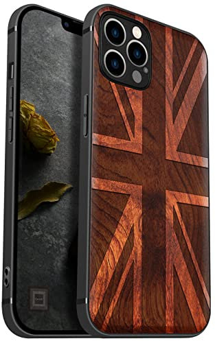 Carveit Case for iPhone 12 Pro Max Compatible MagSafe Cover Wood Hybrid TPU Shockproof Bumper For Apple 12 Pro Max Magnetic Cases Wooden (British flag-Rosy)