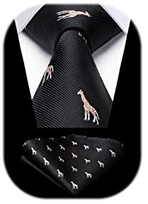 HISDERN Schwarz Herren Krawatte Giraffenmuster Hochzeit krawatte für Herren Klassische Business-Krawatte und Einstecktuch Set