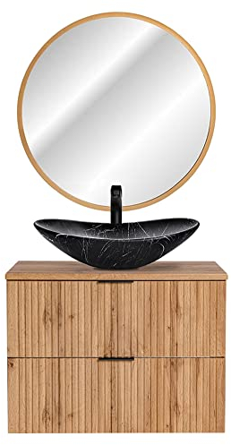 Lomadox Badezimmermöbel Gäste WC Badmöbel Set, 80 cm Waschtisch-Unterschrank Wotaneiche Rillenoptik mit Keramik Waschbecken, 80 cm LED-Spiegel Gold gebürstet