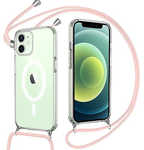 Pnakqil Magnetico Cover per iPhone 12 Mini con Cordino, Compatibile con MagSafe, Trasparente Silicone Custodia con Collana per iPhone 12 Mini, Tracolla Catena -Rosa