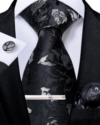 DiBanGu Herren Schwarz Krawatte Seiden Schwarz Silber Paisley Krawatte & Einstecktuch Manschettenknöpfe Krawattenklammer Geschenkbox Hochzeitsfeier Set