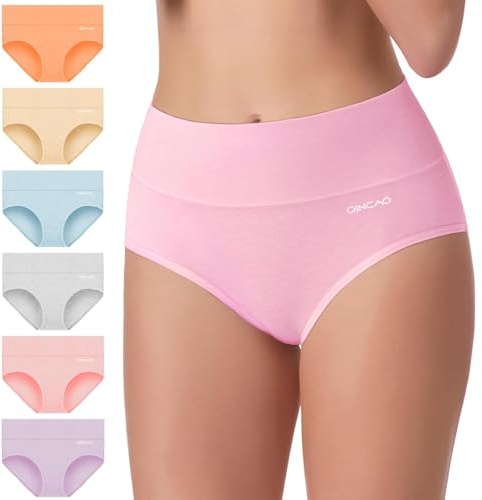 QINCAO Culotte Femme Coton Taille Haute 6 Pack, Élastique Respirant et Doux