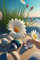 Acryl-Bild 70 x 100 cm: Küstenmeer, Kamillenblüten auf dem Hintergrund der Brandung, fliegende Schmetterlinge. Landschaftsmeer, Sand und Blumen. (197494226)