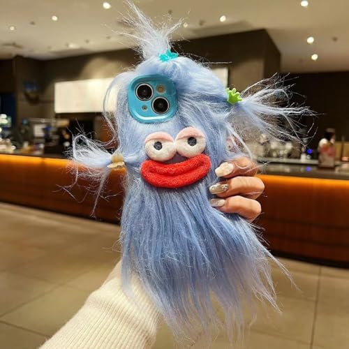 Pretaco for iPhone 14 Case Blue Weird Furry Phone Cases | Funny and Silly, DIY Long Hair with Hairclip, Ugly Phone Case, Swap Challenge Gifts with Friends