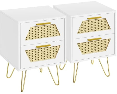 Yaheetech Lot de 2 Tables de Chevet en Bois, Table de Nuit Scandinave, 2 Tiroirs en Rotin, Pieds Métalliques, Bout de Canapé pour Salon 40 × 40 × 55 cm Blanc