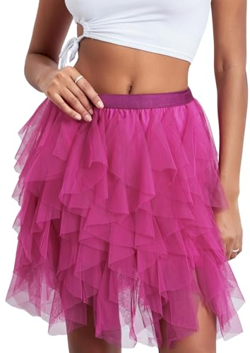 Geagodelia Damen Tüllrock Kurz Elegant Minirock Sommerrock Vintage Tütü Tutu Mini Tüll Rock Halloween Karneval REH Kostüm One Size 34/36/38 F-44436 (A - Rose)