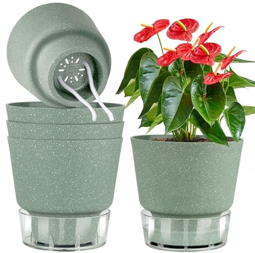 QRRICA Blumentöpfe, selbstbewässernde Töpfe, 15,2 cm, 5 Stück, Blumentöpfe für drinnen und draußen, Pflanzgefäße mit Ablaufloch und Untersetzer, Grün