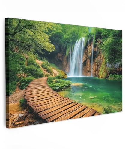 MuchoWow© Impressions sur Toile 120x80 cm Deco Tableau Murale Decoration Salon Peinture Tableaux Chambre Toiles Maison Cascade - Jungle - Chemin - Vert - Nature - Eau
