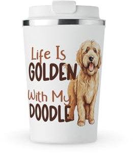 MAXIKIWI - Insulated Double Walled, Leakproof Stainless Steel Mug, Coffee or Tea Travel Tumbler with Lid, Keep Drinks Hot and Cold - Cute Golden Doodle Dog Pun - 350ml