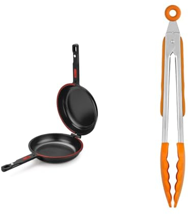 BRA Dupla Premiere - Sartén Doble para Tortilla de Patatas, 20 cm de Diámetro & Efficient - Pinzas de Cocina de 28,5 cm, Fabricadas en Acero INOX, Nailon y Silicona