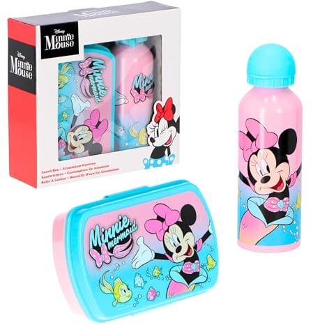 Disney Minnie Mouse Botella y Sandwichera, Diseño Minnie Botella de Agua para Niñas, Botella de Viaje Aluminio, Capacidad 500 ml