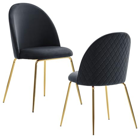 FineBuy Design Esszimmerstühle Schwarz Samt 2er Set mit Steppung, Moderner Küchenstuhl, Polsterstuhl Esszimmer Skandinavisch, Essstuhl mit goldenen Metall Beinen, Bequeme Küchenstühle gepolstert