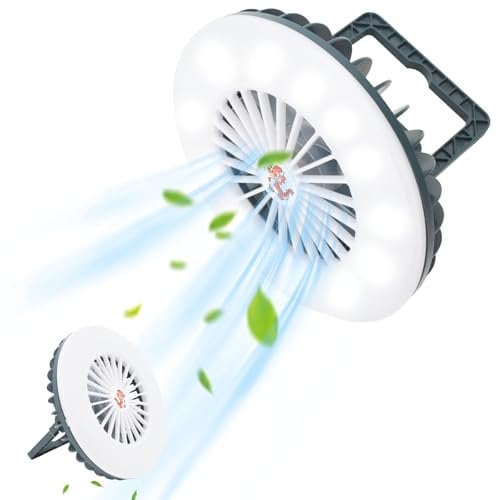 Surplex Camping Light with Fan, 2-In-1 Portable Fan LED Light Tent Lamp with Hook & Stand, USB Rechargeable Camping Fans with 2 Light Modes & 3 Wind Speeds, Bivvy Light for Emergency Hiking Fishing