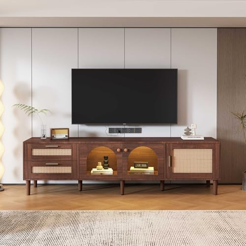 NIUAWASA TV-Schrank 180x40x50cm, LED Lowboard für 80-Zoll-Fernseher mit 2 Rattan-Schubladen 2 Gewölbten Glastüren 1 Rattan-Tür LED-Beleuchtung Aufbewahrung Brauner TV-Board