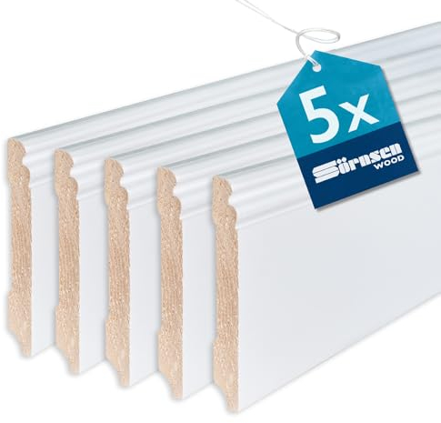 Sörnsen Wood Sockelleiste Kiefer – 16x115x2400 mm, 5 Stück hochwertige Fußleisten mit Altdeutschem Profil– weiß RAL 9016 lackiert und damit extra langlebig