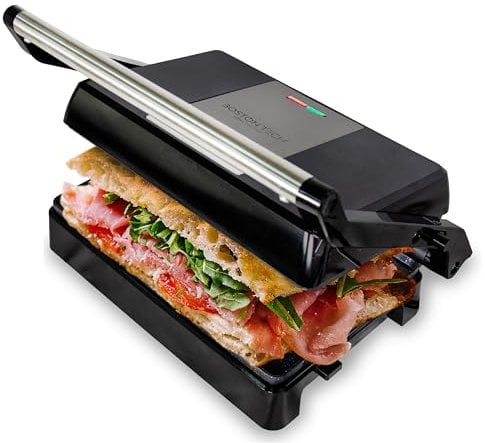 Grill Master 3 in 1: Griglia elettrica, tostiera e panini. Piastre Ceramiche Antiaderenti, apertura a 180°, piastra superiore flottante, senza BPA. 2 superfici da 23x14,5 cm, Raccolta grasso, 1000W.