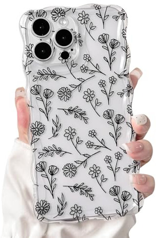 NITITOP Compatible with iPhone 14 Pro Max Case Curly Clear Cute Floral Flower Leaves Design for Women Girls Artistic Wavy Frame Soft TPU Shockproof Protective Full Camera Protection Cover - Black