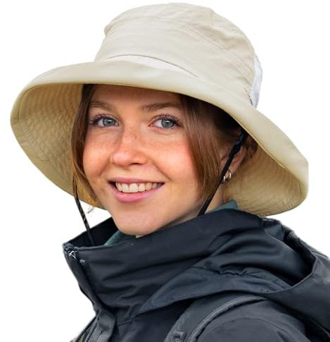 TOP-EX UPF 50 Sonnenhüte Damen mit Pferdeschwanz, Breiter Krempe Fischerhut für UV-Schutz, Wasserdicht regenhut, Kinnriemen, Atmungsaktiv Sommer-Mesh, Faltbar, Safari, Camping, Gärtner, Khaki XL