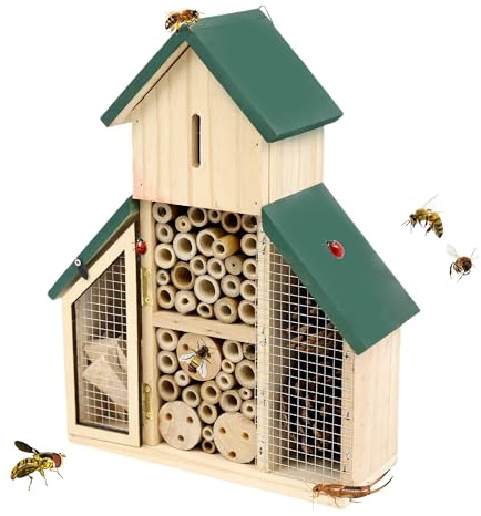 Seezengreen 3-lagiges Insektenhaus aus Holz mit grünem Dach, mehrere Räume und Kapazität, Insektenhotel, ein hängender Lebensraum für Bienen, Schmetterling, Marienkäfer, Bienenkiste