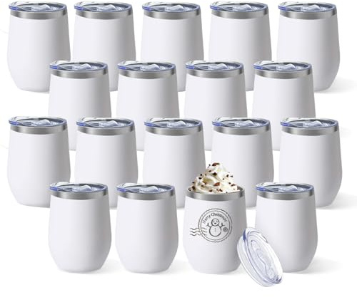 YOUKE OLA Paquete de 18 vasos de vino de acero inoxidable con tapa, 12 onzas, aislados, con recubrimiento en polvo, sin tallo, doble pared, al vacío, vaso de café a granel para grabado láser, regalo