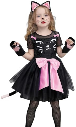 Trsenvrml Costume di Halloween per ragazze gatto nero vestito compleanno principessa natale travestimento carnevale festa e giochi di ruolo per bambini (rosa, 3-4T)