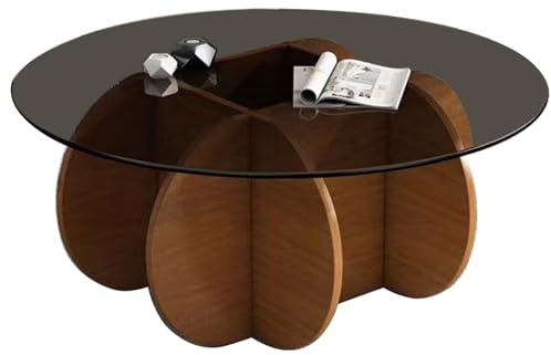 AnYaBinni Moderna Mesa de Centro Redonda de Cristal con Base de Madera Maciza, Moderna Mesa de Centro de Mediados de Siglo para Sala de Estar, Balcón, 80 * 40 * 40 CM