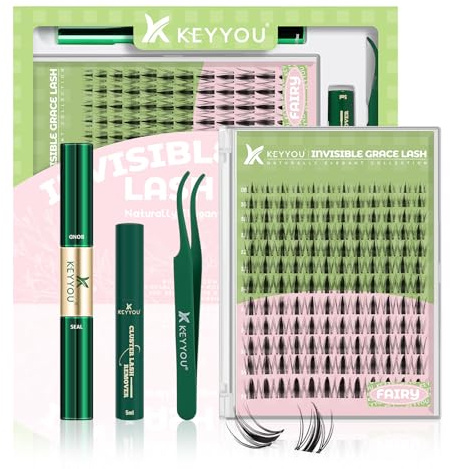 KEYYOU LASH Fairy Lash Clusters Kit Manga Wimpernverlängerung Kit D Curl 144Pcs Wimpernverlängerung Kit Wispy Natürliche unsichtbare Band Wimpern Kit(Fairy Kit-D-8-16MIX)