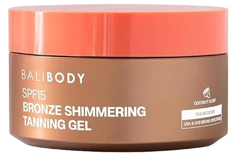 Bali Body Bronze Shimmering Tanning Gel SPF 15 – Sun-Kissed Glow with Coconut Scent, Carrot Root & Vitamin E – Organic Bronzer & Shimmer Sunscreen for Quick Tan, Hydration & Even Skin Tone