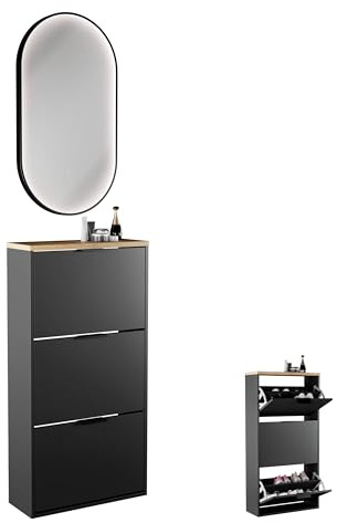 Planetmöbel Schuhschrank schmal, ovaler Spiegel mit Beleuchtung | (3 Lichtstufen), Schuhkommode mit 3 Klappen Schuhregal mit 6 Ablagen, Garderobe Set, 60 x 23 x118 cm, schwarz