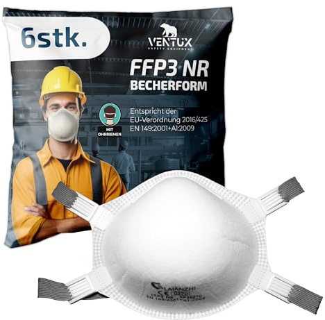 VENTUX SAFETY EQUIPMENT FFP3 Maske Becherform ohne Ventil – 6, 9 und 12 Stück | FFP3 Atemschutzmaske Becherform Kopfband | FFP3 Einwegmaske Filtration ≥99% EN 149:2001