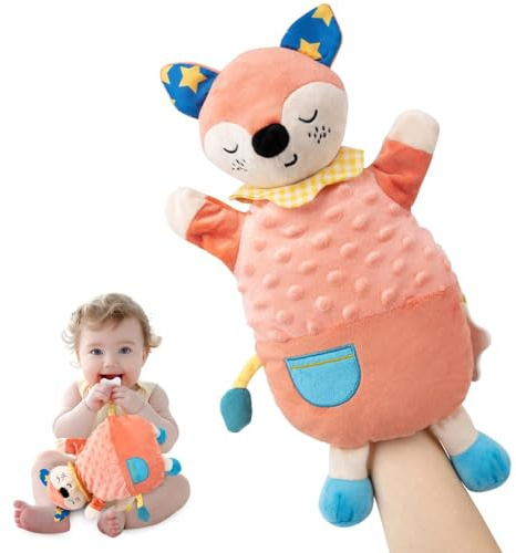 Funsland Doudou Bebe Naissance Fille, Peluche Sensorielle Doudou Renard, Marionnette à Main Animaux, Avec Anneau de Dentition et Grelot, Filles Garçons Enfant Cadeau 0-12 Mois